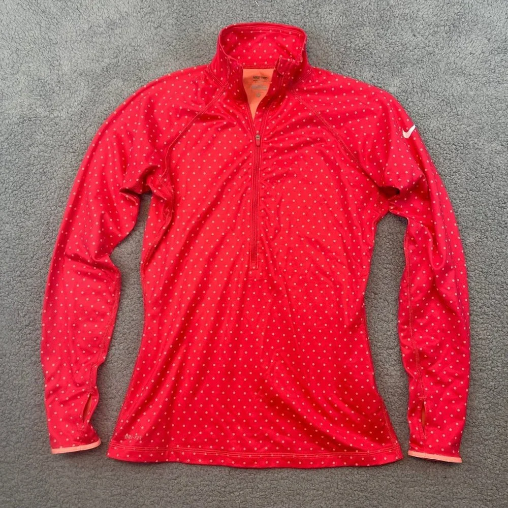 Nike Pro Dri Fit Women’s Medium Pink Polka Dot Running Athletic Quarter Half Zip